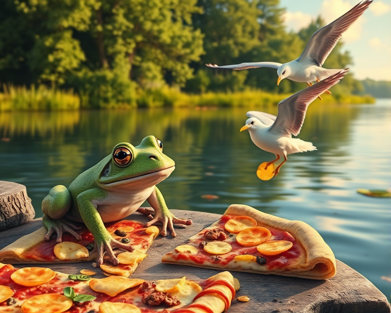 frog, seagull, potato chip, pizza, lake